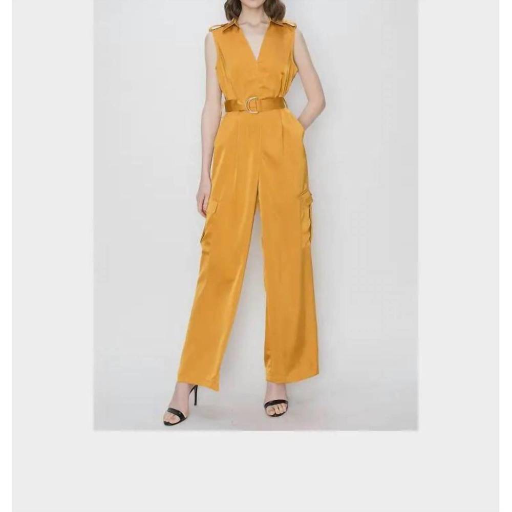NEW INA FASHION satin v-neck side pockets cargo pants jumpsuit in yellow
